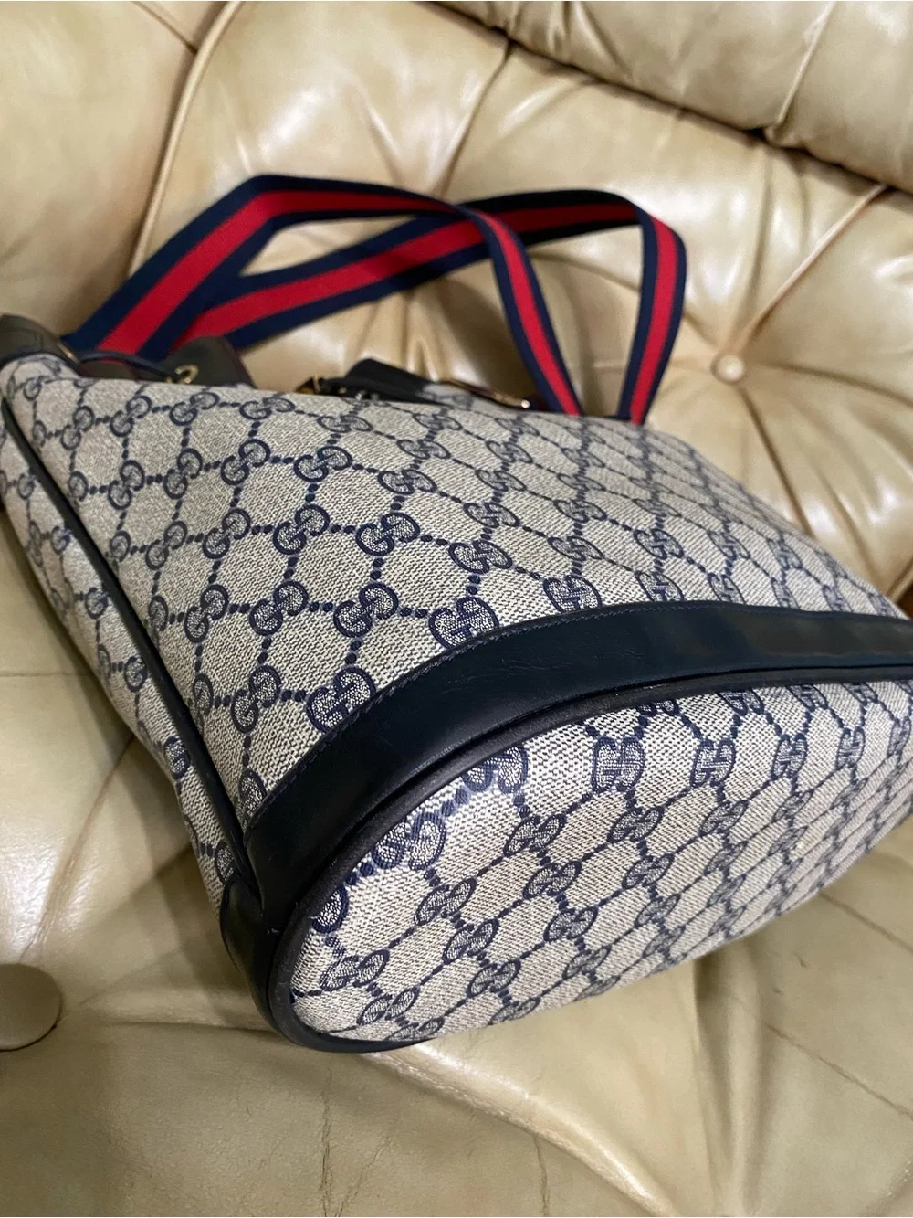 LARGE Gucci Drawstring Bucket Bag Vintage Sherry GG Monogram Web Stripe Added